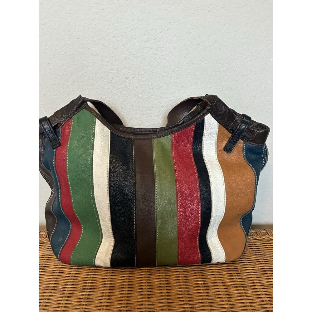 Lucky Brand Vintage Inspired Leather Patchwork Stripe Hobo Style Bag Purse Tote